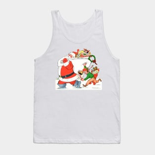 A boy cuts Santa's gift bag with scissors to steal toys on Merry Christmas night in the snow Retro Vintage Comic Cartoon Tank Top